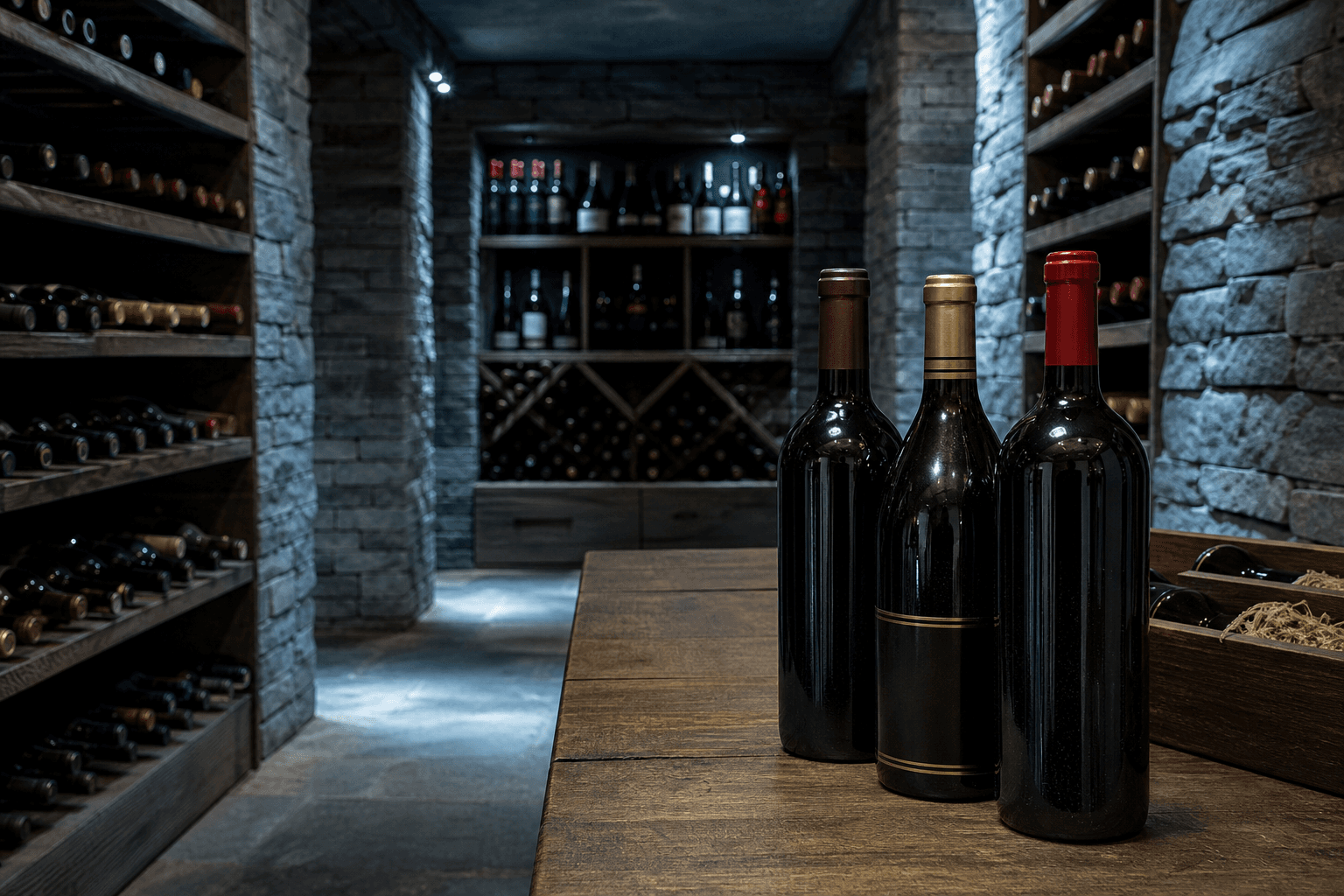 Bottles staged on a cellar table against lit racks